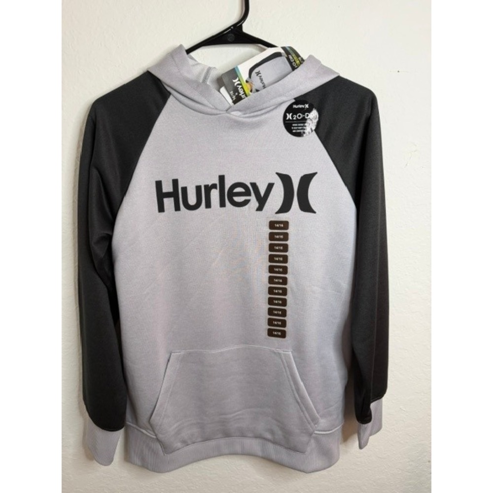 Hurley H2O-Dri French Terry Solar Hoodie Mens Grey Black Raglan Pullover NEW - Picture 5 of 5